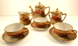 Hand Painted Porcelain Tea Set Swan Lake Cottage Scene Made Japan  9 Piece VTG - £28.87 GBP