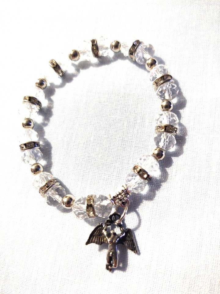 ICARUS CHARM on CLEAR CRYSTAL BEADS and RHINESTONE RINGS STRETCH BRACELET 7" Item image 2