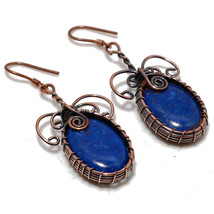 Lapis Lazuli Gemstone Copper Wire Wrap Drop Dangle Earrings Jewelry 2.10&quot; SA 32 - £3.92 GBP