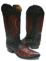 Womens Western Wear Boots Black Leather Red Sequins Inlay Wings Size 4.5... - £76.27 GBP