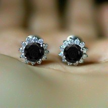 Delicated 4Ct Round Cut Black Diamond Halo Stud Earrings 14K White Gold Finish - £152.53 GBP
