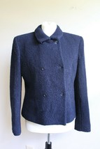 Vtg 90s Jones New York 10 Navy Blue Fuzzy Wool Double Breasted Jacket Bl... - $30.40
