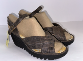 Fly London Yesh 712Fly Cool Slate Leather Ankle Strap Wedge Sandals US 8 EU 39 - £34.75 GBP