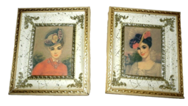 Set 2 Vintage Framed Victorian Ladies In Hats Pictures Womens Ornate Gold Foil - £38.94 GBP