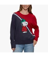Peanuts Womens Sweater Navy Blue Red Multicolor Snoopy Christmas Holiday - $70.49 CAD