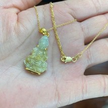 14K Real Solid Gold Genuine Jade Kwan Yin Buddha Pendant Necklace Small kid sz - £259.86 GBP+