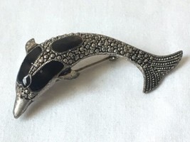 Vintage Marcasite Dolphin Pin Brooch Silver with Black Stones Estate Find - $16.95