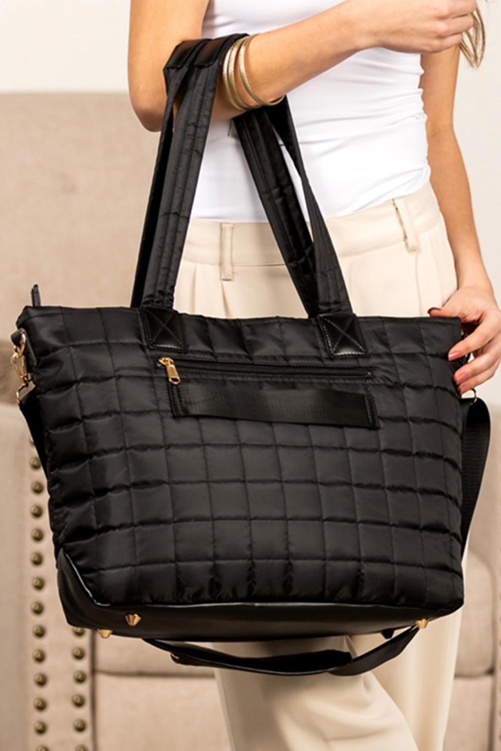 Black Quilted Patchwork Large Tote Bag and Clutch 2pcs Set - $43.74