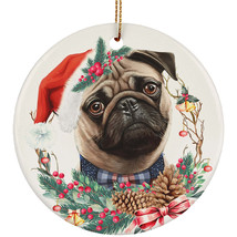 Cute Pug Puppy Dog Santa Hat and Flower Wreath Christmas Ornament Gift Decor - £11.83 GBP