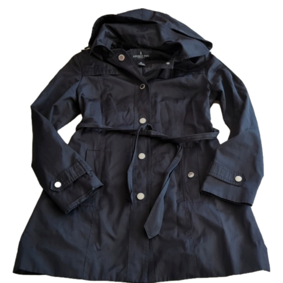 Primary image for London Fog Women's Black Longer Hooded Belted Trench Coat Rain Coat Size M