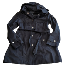 London Fog Women&#39;s Black Longer Hooded Belted Trench Coat Rain Coat Size M - £59.77 GBP