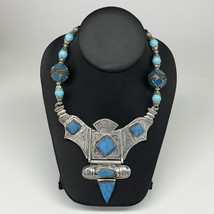 Turkmen Necklace Antique Afghan Tribal Blue Turquoise Inlay V-Neck, Necklace T55 - £23.59 GBP