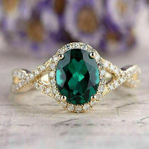 3.5Ct Oval Cut Green Emerald Halo Engagement Wedding Ring 14k Yellow Gold Over - £71.00 GBP