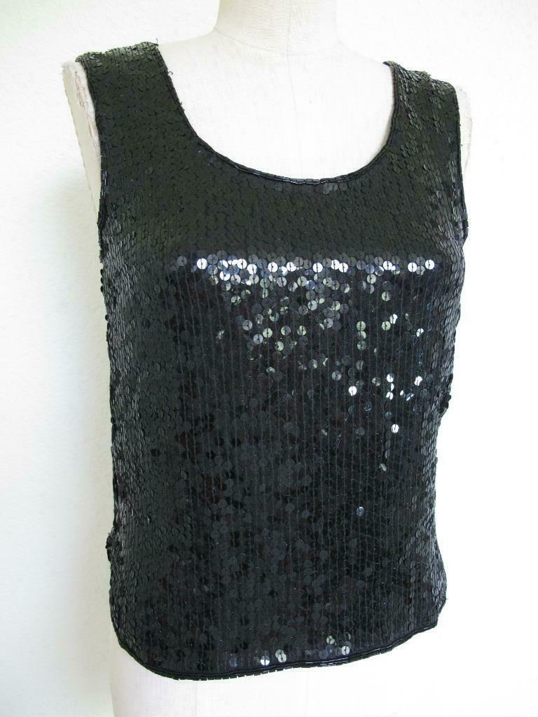 Primary image for Vintage Scala Black Silk Sequin Tank Top S XS Petite Sleeveless Shell