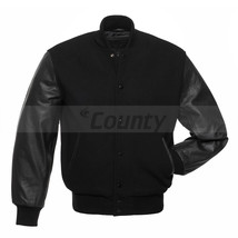 New Bomber Varsity Letterman Baseball Jacket Black Body &amp; Black Leather Sleeves - £75.08 GBP