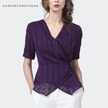 Fashion Bling Purple  Chiffon Blouse Women Long Sleeve V-Neck Elegant Slim Tops  - £137.66 GBP