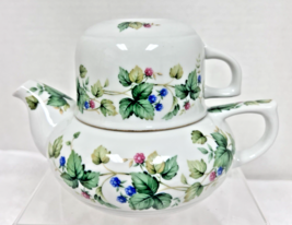 Andrea Individual 2 Cup Teapot &amp; Lid Vineyard by Sadek w Cup Berrys &amp; Fl... - $36.14