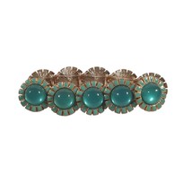 Bracelet 8&quot; Enamel Acrylic Bead Fashion Costume Stretch Teal Cabochon Gold Tone - £14.78 GBP