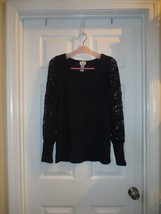 BiBi Small Black Waffle Knit Top with Lace Puffed Long Sleeves NEW - £16.29 GBP