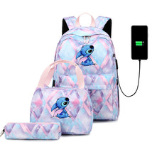 3pcs Disney Lilo Stitch Backpack Boys Girls USB Charging Bookbag Mochila Teenage - £49.36 GBP