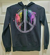 Hard Candy Girls M 7-9 Hooded Sweatshirt Black Peace Sign LSleeve Paint Splash - $23.70