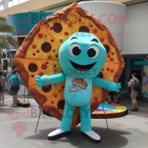 Turquoise Pizza mascot costume character dressed with a Bikini and Suspenders - $1,209.00