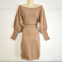 Women&#39;s Pearls Beaded Batwing Sleeve Sweater Dress Camel Beige Size S Fi... - £23.66 GBP