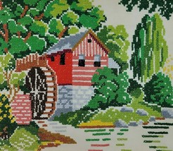 Barn Embroidery Finished Mill Linen Red Wheel Cottage Core Farmhouse Cou... - $16.95