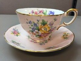 Staffordshire Crown Tea Cup  and Saucer Pink Background Floral Gilt Edge England - £46.51 GBP