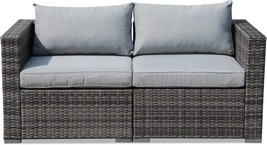 Patiorama Outdoor Wicker Loveseat 2 Pieces, All Weather Grey, Light Grey Cushion - £259.78 GBP