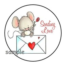30 CUTE MOUSE SENDING LOVE ENVELOPE SEALS LABELS STICKERS 1.5&quot; ROUND GIFTS - £5.89 GBP