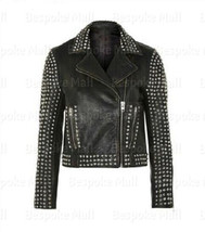 New Woman&#39;s Black Silver Studded Brando Distress Motorbike Leather Jacke... - £263.77 GBP