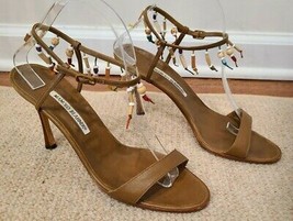 MANOLO BLAHNIK Brown Strappy Sandals with Hanging Beads on the Ankle Str... - £111.90 GBP