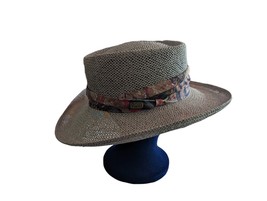 VNTG Kangol Design Straw Hat Linen Band 1 Size Gold Medallion Gray Made n USA - $38.00