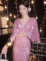 PINK Sequin Midi Dress Party GOWNS Bat Sleeved Vintage Inspired Sequin Dresses image 4