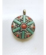 Vintage Tibetan Round Pendant with Coral &amp; Green Inlay – Boho Ethnic Jew... - $63.06 CAD