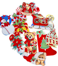 Lot VTG Christmas Die Cut Flocked Paper Wall Decor Santa Snowman mouse tree - £19.60 GBP