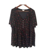 Black Top Women Cherry Print 3X Blouse Dark Romantic Dainty Feminine Ind... - $29.99