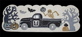 Halloween Hand Beaded Old Truck Skeleton Bats Skull Pumpkins 36&quot;x13&quot; Tablerunner - £67.92 GBP