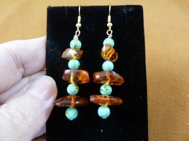 (pe18-2)  orange Baltic AMBER + 6mm Turquoise beaded dangle silver wire earrings - £18.37 GBP