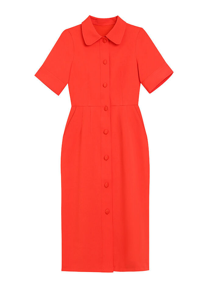 Celeb Amal Clooney Inspired Shirt Collar Scarlet Shirt Sheath Midi Dress in Red Item image 8