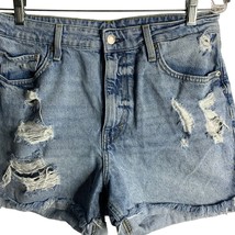 H&amp;M Denim Jean Cut Off Mom Shorts 12 Med Wash Distressed High Rise 5 Pocket - £22.02 GBP