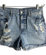 H&amp;M Denim Jean Cut Off Mom Shorts 12 Med Wash Distressed High Rise 5 Pocket - £21.89 GBP