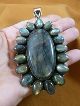 J208-15) blue green yellow Labradorite oval gemstone stone Silver PENDANT flower - £126.68 GBP