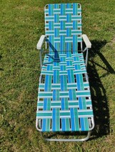 VTG Sunbeam Webbed Aluminum Folding Chaise Lounge Lawn Chair Blue White Green - £70.36 GBP