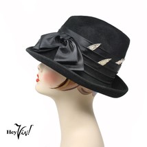 Vintage Henry Pollack Black Wool Felt Hat w Satin Ribbon Bow &amp; Sequins -... - £30.30 GBP