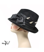 Vintage Henry Pollack Black Wool Felt Hat w Satin Ribbon Bow &amp; Sequins -... - £30.37 GBP