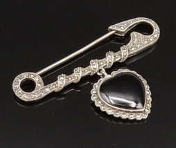 925 Silver - Vintage Onyx Love Heart Charm &amp; Marcasite Twist Safety Pin ... - £43.51 GBP