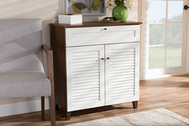 Theo White and Walnut Finished 4-Shelf Wood Shoe Storage Cabinet w/Drawer - $254.00
