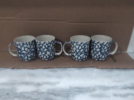 Vintage Tienshan Stoneware Blue White Mugs Set of 4, Folk Craft Tea Cups Ceramic - £18.99 GBP
